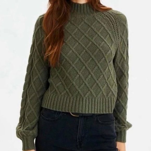 American Eagle Olive Green Cable Knit Mockneck Sweater - Picture 1 of 5